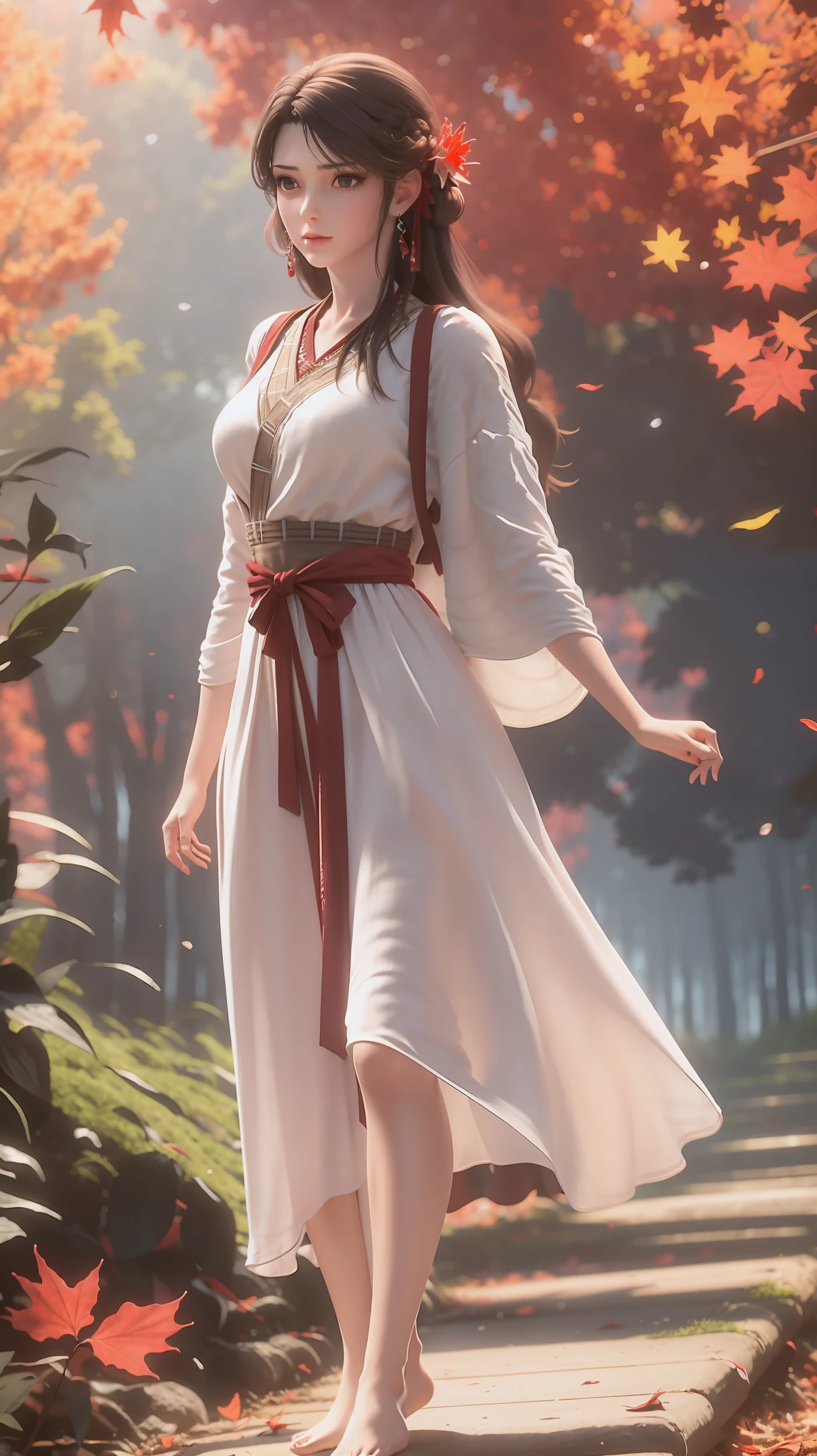A girl in a dress,Autumn theme,dusk,Maple Forest,Maple leaves everywhere,((Shot in the knee)),(masterpiece、best quality、high resolution),Full body portrait,Full body capture,(Color Background,(Splash of Color)),Sweet girl,curls,Shiny,Splash of Color,Volumetric Lighting,Full breasts, elegant gesture, Sexy slender legs,((barefoot))