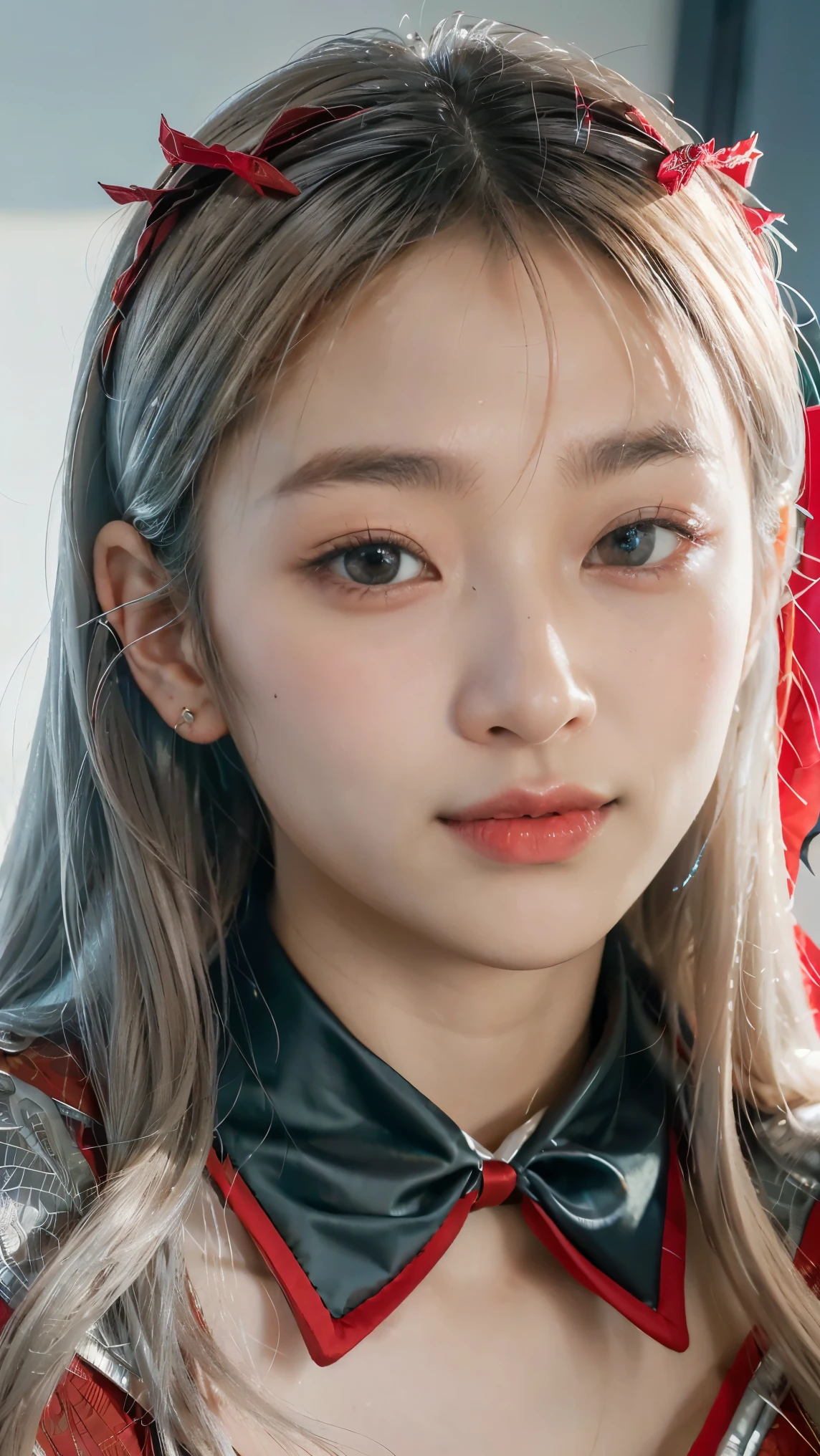 (Raw photo) , Detailed features , perfect face , perfect eyes , detailed eyes , (beautiful:1.50) , beautiful chinese girl in her 20s with long hair  in a ponytail , smiling , (((long voluminous high collar silver satin and red lined cape tied at the neck with a ribbon:1.10))) , minidress , full body, slight skin blemishes, sly smile, high-quality ultra realistic style, warm tones, soft lighting, detailed eyes, subtle freckles, professional, expressive , 8K , highly detailed