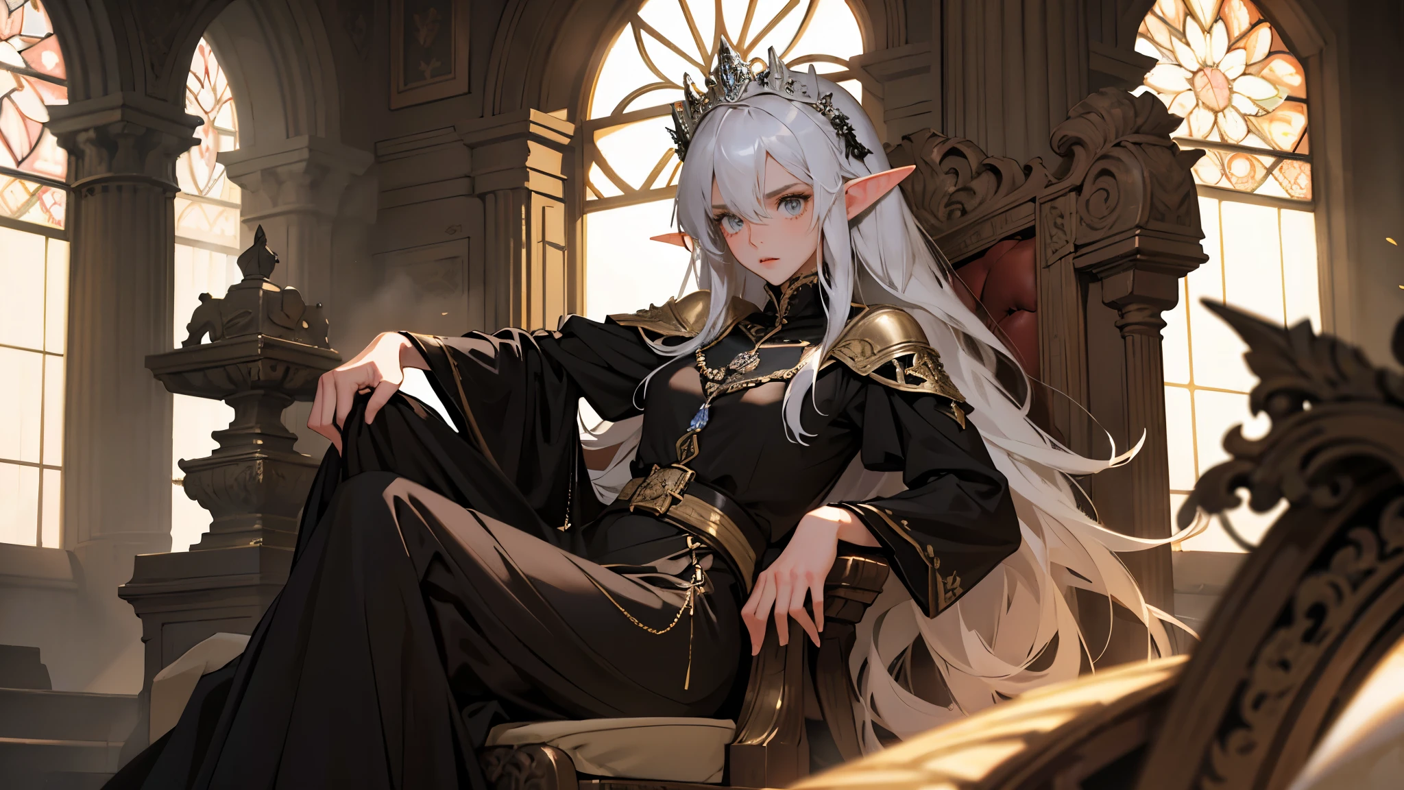masterpiece, ultra detailed, 8K Portrait, Raw photo, a portrait photo of girl, Highly detailed face, beautiful and meticulous eyes, ((Fantasy)), (elf:1.0), 1woman, 30 year old, gray long hair, brown eyes, melancholy expression, tiara, skinny, (ultra thin black silk dress), hooded long white coat Fluttering in the wind, ((bare foots)), Midday Sun, Hyper realistic, out of medieval castle in the sky, sitting on the throne, Ambient lighting, Shadow details , strong breeze, Light fog
