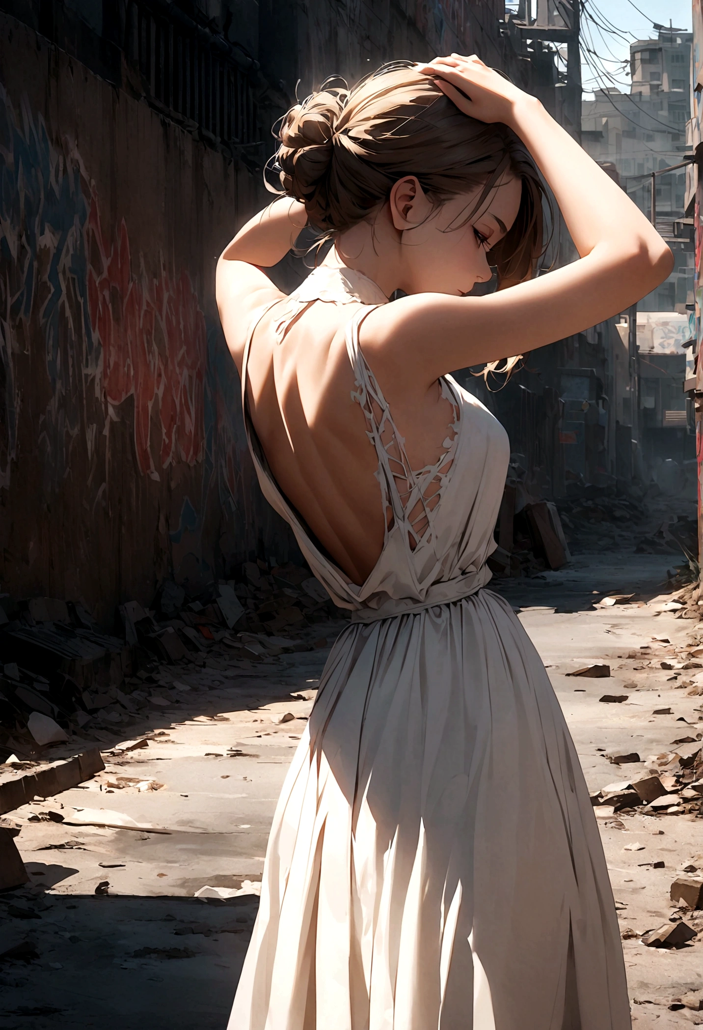 22 year old girl, (Back View),(Put your hands behind your head),torn, ripped, White Dress, street,Elegant chignon,apocalyptic wasteland, graffiti-covered wall, looking cool and urban in a street style pose.