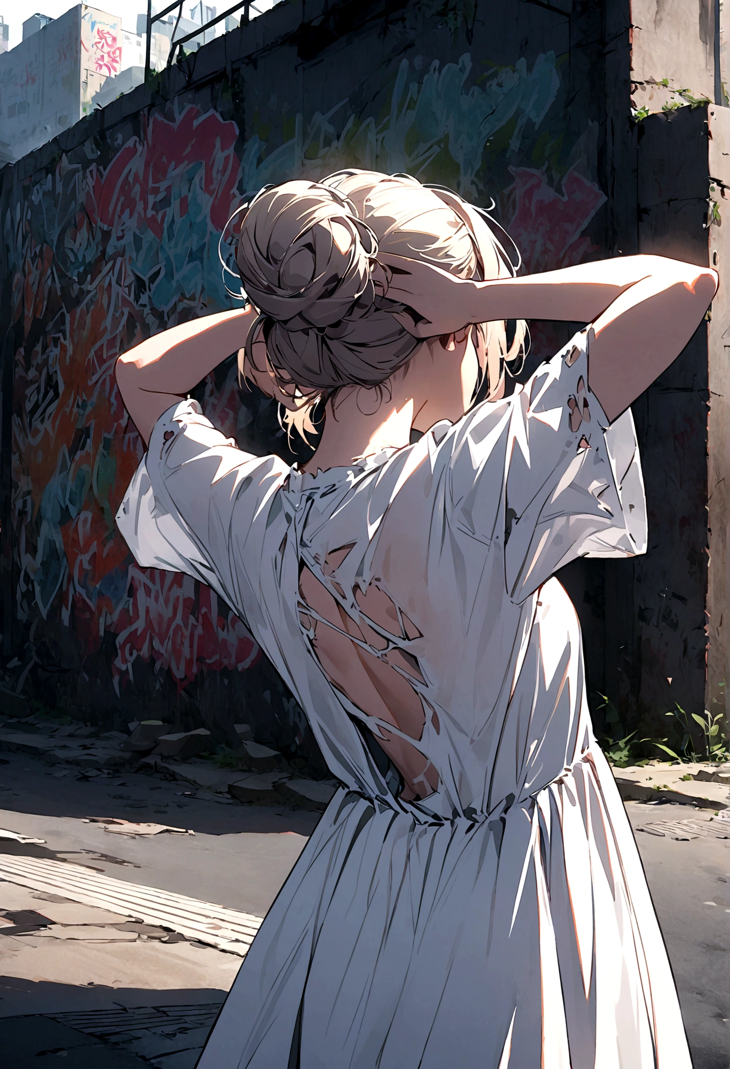 22 year old girl, (Back View),(Put your hands behind your head),torn, ripped, White Dress, street,Elegant chignon,apocalyptic wasteland, graffiti-covered wall, looking cool and urban in a street style pose.