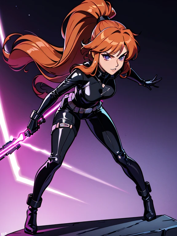 (best quality,8k:1.2,high resolution:1.2), (best quality:1.3),masterpiece, best quality, high res, detailed, (Detailed face:1.2), (Detailed eyes:1.2), (Perfect figure:1.2), CARTOON, ANIME, CARTOON ARTSTYLE, Mara Jade from Star Wars, science fiction, Star Wars based setting, She's wearing a tight shiny black leather suit, gloves, silver utility belt and high-heel boots. She's holding a purple lightsaber. Dynamic poses, whitebackground, Character concept, character art, Character portrait