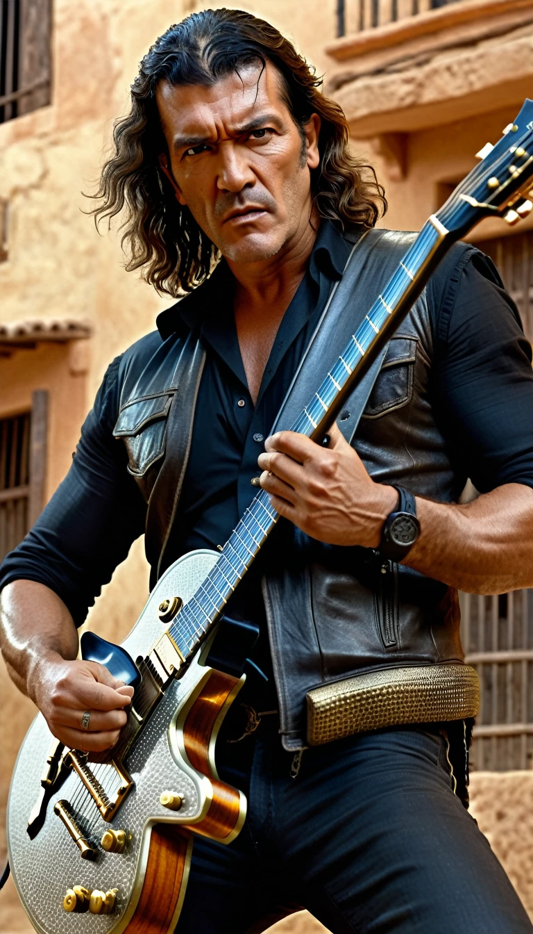 Desperado movie, guitarist (Antonio Banderas: 1.2) shoots the guitar like a machine gun, detailed environment, detailed guitar, masterpiece, photorealistic, 8k, hyper detailed, detailed facial features, beautiful detailed eyes, beautiful detailed lips, extremely detailed face, long hair, full body view