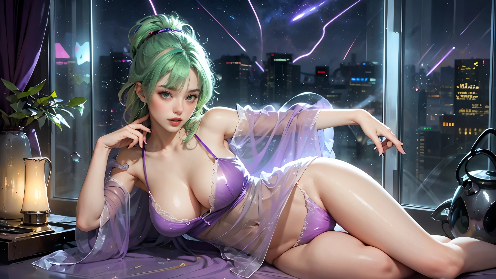 masterpiece, best quality, 1girl, ives , Mecha, beautiful lighting, (Neon light: 1.2), (night: 1.5), "masterpiece, best quality, 1girl, full-length portrait, sensual pose, green eyes, multicolored hair+silver:1.3+red:1.2+purple+yellow:1.3+green:1.3, sculpted legs and tempting curves, full breasts, pretty face, translucent silk nightgown, lots of water drops, cloud, Twilight, open plan, Watercolor , Neon light: 1.2, night:1.5, Mecha, beautiful lighting, bright neon light: 1.2, unforgettable mysterious night: 1.5"