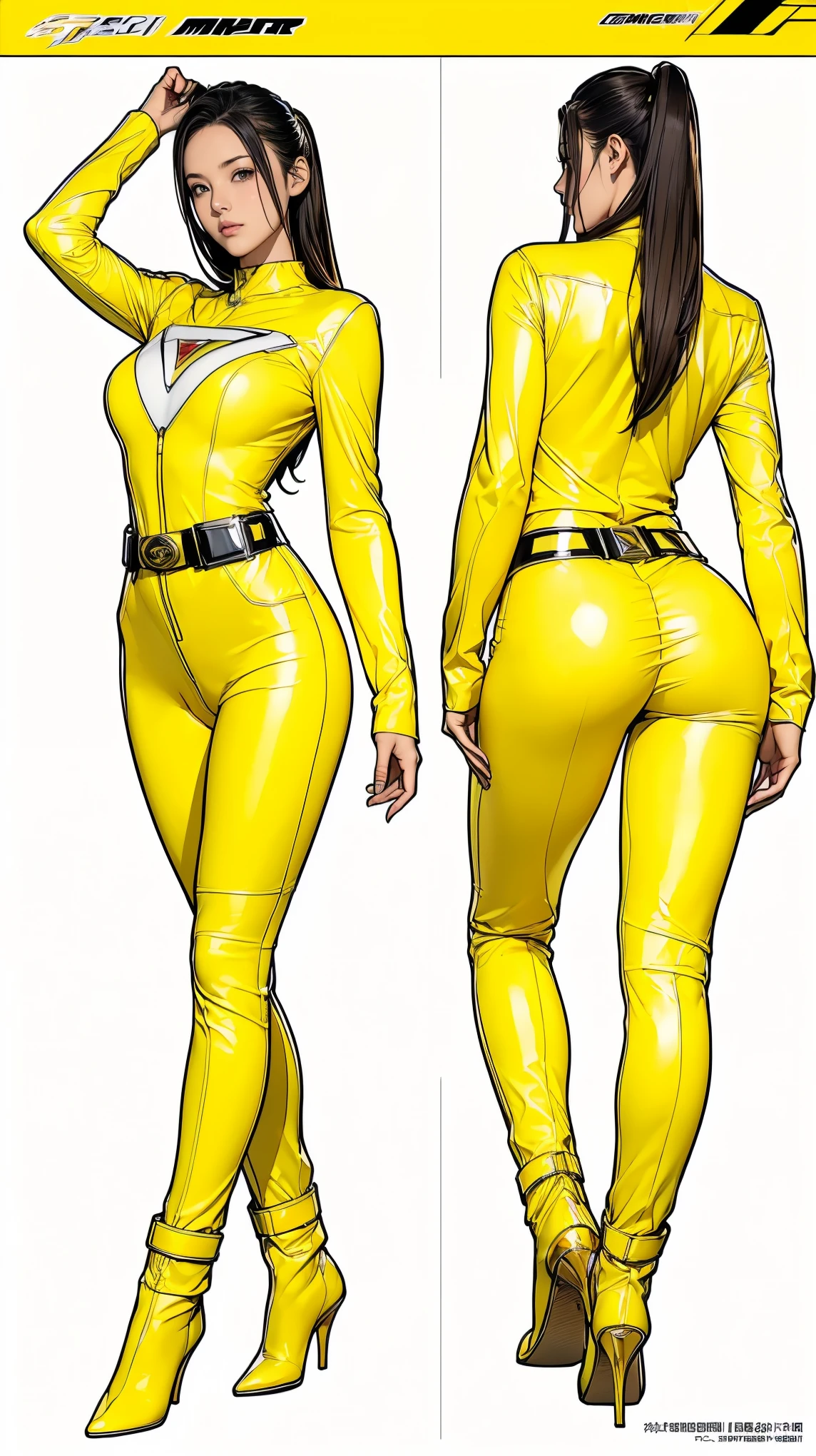 ((masterpiece)),(((Highest quality))),((Reference Sheet, Character Design, front, return, ~ ~ ~ side, Mr...々Hairstyle, Mr...々performance, Facial Expressions)), 14-year-old girl, Cute type, (Very slim:1.4), (Very small ass:1.4), Realistic buttocks, Big Breasts, Short Bob, Thin thighs, Long legs, ((Light Yellow Enamel Power Rangers、Big Breasts、Cover all breasts at all times、Wearing a pale yellow leather full body suit、Large emblem on the chest、Always wear a belt with a large buckle, White suit、Truly a Sentai hero)), ((Browsing Caution:1.0))