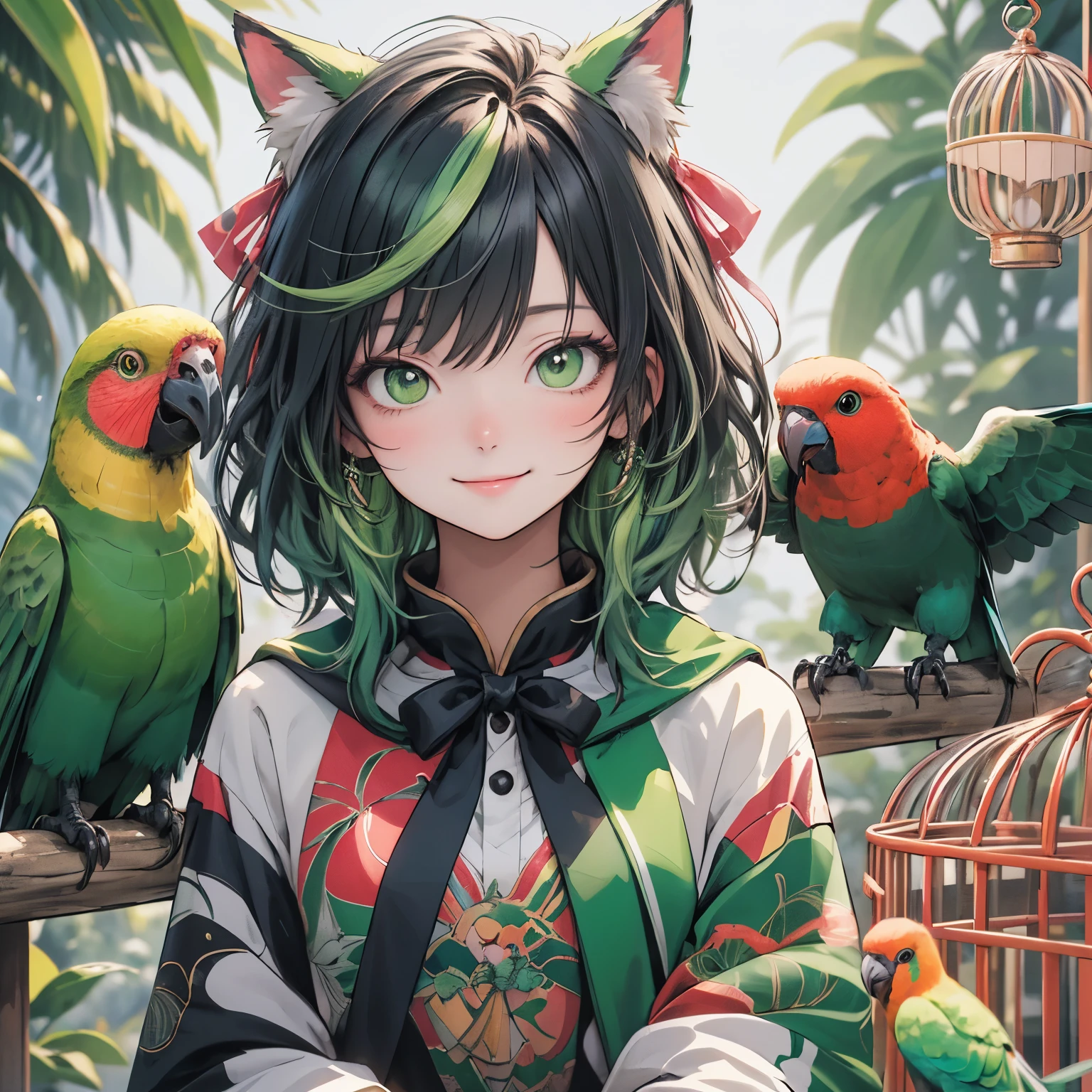(masterpiece), highest quality, Ultra-high resolution,Fox A cat wearing a colorful green ribbon、Bright green hair、Bright green eyes、Bright green clothing、Rainbow Parrot、Parakeet、smile、(View the birdcage:1.3)、Angle horizontal
