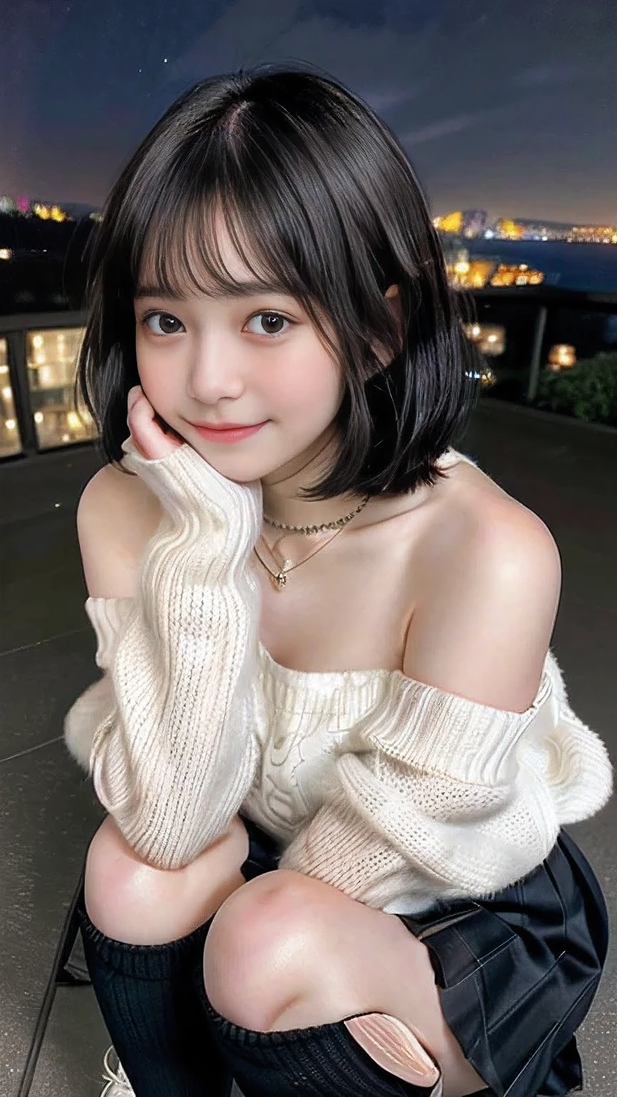 Masterpiece、４K、Photographed from the front、（Cute smile 1.6）Close-up shot、18-year-old、Black Hair、｟Loose fluffy bob cut｠、Night view、Off-shoulder sweater, Pleated mini skirt, (WhiteKnee high socks:1.2), Mary Jane shoes, Charm necklace、Ocean View Hotel