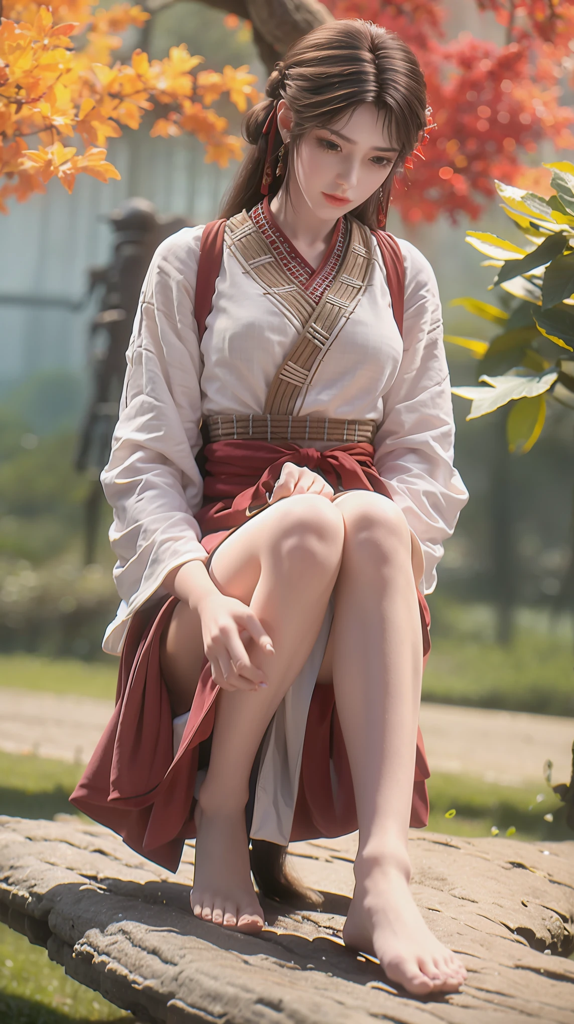 A girl in a dress,Autumn theme,dusk,Maple Forest,Maple leaves everywhere,((Shot in the knee)),(masterpiece、best quality、high resolution),Full body portrait,Full body capture,(Color Background,(Splash of Color)),Sweet girl,curls,Shiny,Splash of Color,Volumetric Lighting,Full breasts, elegant gesture, Sexy slender legs,((barefoot))