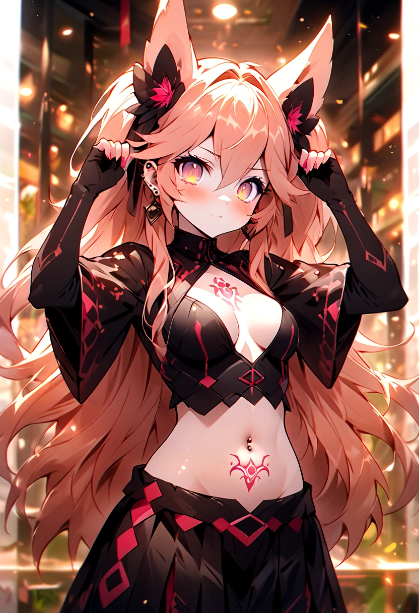 Chica anime, anime style, cute hatsune miku x suicune, shy girl , Orejas de Kitsune, arte de dark natasha, autum forest landscape, arte de vixen aztra, cuerpo completo, patas hermosas, cintura delgada, caderas amplias, piernas torneadas, hermosa, foto de cuerpo completo, sensual navel blouse, black skirt, navel piercing, ear piercing, navel tattoo, shy pose, back pose, hands up, black body, beatifull and detailed hands, kimono,