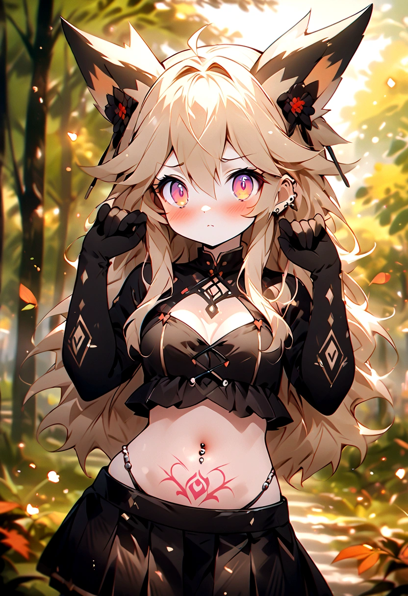 Chica anime, anime style, cute hatsune miku x suicune, shy girl , Orejas de Kitsune, arte de dark natasha, autum forest landscape, arte de vixen aztra, cuerpo completo, patas hermosas, cintura delgada, caderas amplias, piernas torneadas, hermosa, foto de cuerpo completo, sensual navel blouse, black skirt, navel piercing, ear piercing, navel tattoo, shy pose, back pose, hands up,  black body, beatifull and detailed hands, kimono, 