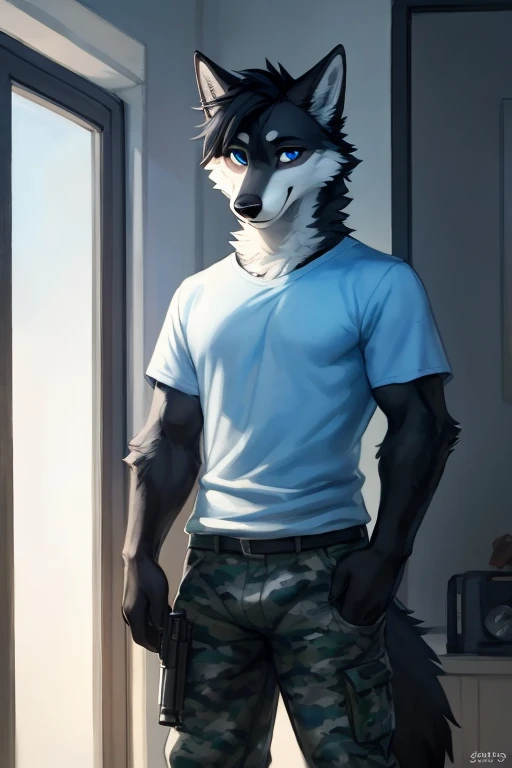 Atlas (Cinco) 
A white Anthropomorphic male wolf with short black hair, black nose and blue eyes  wearing grey and black camo shirt and pants  military camo shirt and pants While  holding a Gun in his right hand 
Tall young muscular handsome tall male wolf good looking male wolf with muscles holding a Gun on his right hand while wearing grey and black military camo outfit standing proudly  )) , looking at viewer,a little to the side, fur,solo, cartoon, (highly detailed illustration:1.2), best quality, masterpiece, solo, tail, torso, , standing, social (((male))) uploaded to e621, zaush, foxovh, movie lighting, thicc, alone, detailed, 8k res, hires, detailed eyes, good anatomy, good perspective, towards viewer, by bebebebebe, by sicklyhypnos, by gerkk, by orf, nice hands, perfect hands, happy, romantic, ray tracing lighting, rtx on, By Bebebebebe, by SpiritD, by KOBITOWANI, b est quality, masterpiece, perfect anatomy, detai led picture)), 1femboy, , sexy body, fluffy tail, shy, horny, romantic, up close, wearing not a single bit of clothing, huge thighs,, huge