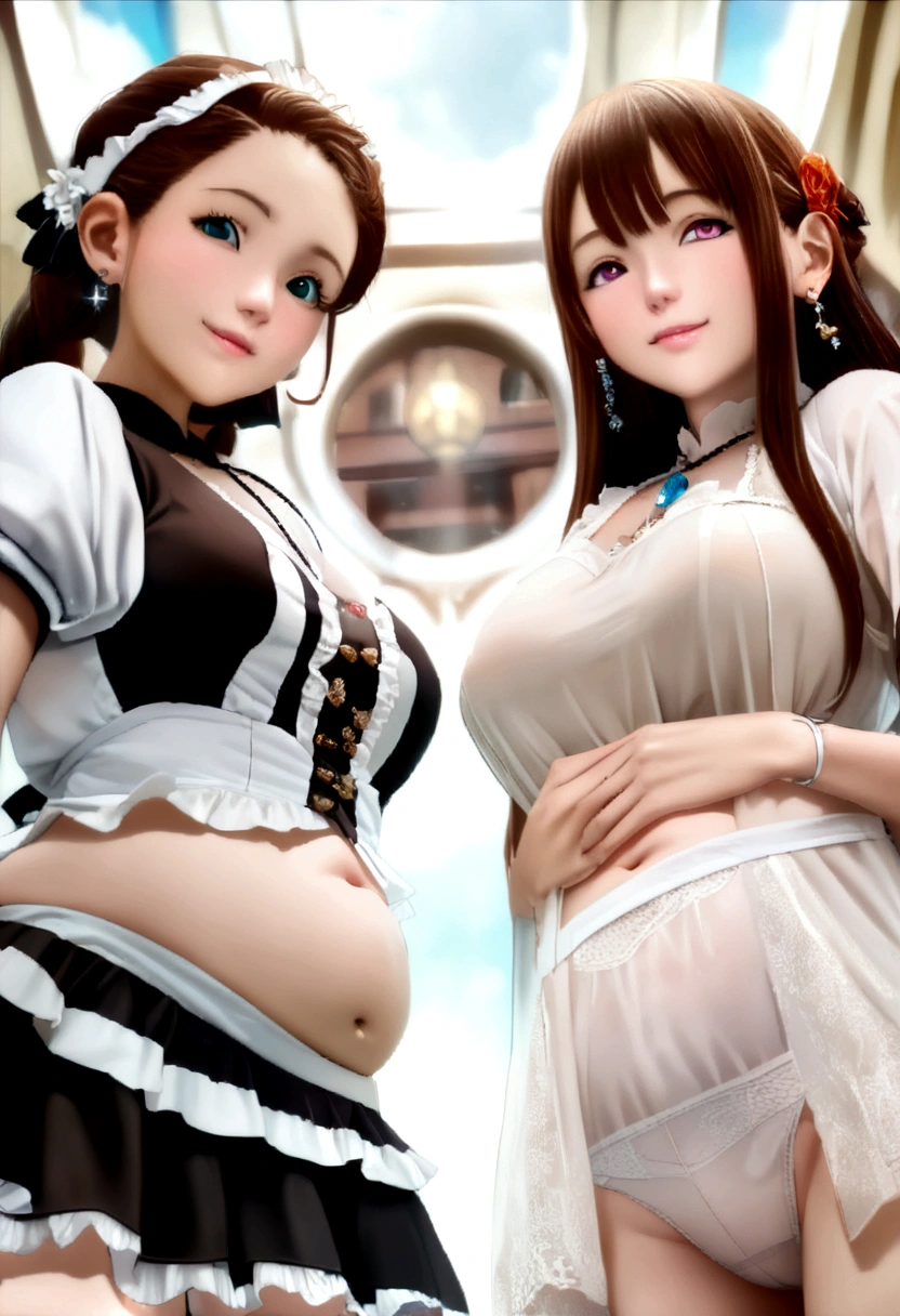 (2 young girls with long hair, Beautiful face and eyes and eyeliner,A delicate little face, pink eyes, Charming smile, (Maid cafe outfit with frilly, Sheer pleated mini skirt:1.5), (Transparent maid cafe costume with large open breasts and hollow:1.2), Sexy transparent underwear,Show belly button, Revealing sexy transparent white panties (very pretty girl), brown hair, Fashion hair accessories quality:1.4), (Extremely detailed),Pendants and earrings、 (Extremely detailed CG unified 8k wallpaper), Very detailed, High-resolution original color photos, Professional photography, Depth of Field, (view from below),