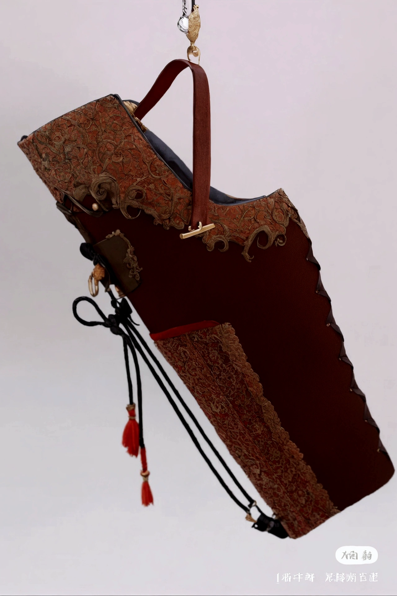 there is a purse hanging from a hook on a wall, wide belt scabbard, katana scabbard, side view intricate details, bottom - view, detailed picture, long shot view, intricate lining, Wang Chen, drawing an arrow from his quiver, sheath, intricate leather suspenders, very detailed and high quality