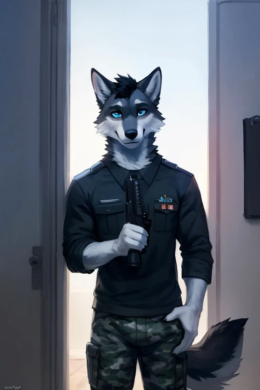 Atlas (Cinco) 
A white Anthropomorphic male wolf with short black hair, black nose and blue eyes  wearing grey and black camo shirt and pants  military camo shirt and pants While  holding a Gun in his right hand 
Tall young muscular handsome tall male wolf good looking male wolf with muscles holding a Gun on his right hand while wearing grey and black military camo outfit standing proudly  )) , looking at viewer,a little to the side, fur,solo, cartoon, (highly detailed illustration:1.2), best quality, masterpiece, solo, tail, torso, , standing, social (((male))) uploaded to e621, zaush, foxovh, movie lighting, thicc, alone, detailed, 8k res, hires, detailed eyes, good anatomy, good perspective, towards viewer, by bebebebebe, by sicklyhypnos, by gerkk, by orf, nice hands, perfect hands, happy, romantic, ray tracing lighting, rtx on, By Bebebebebe, by SpiritD, by KOBITOWANI, b est quality, masterpiece, perfect anatomy, detai led picture)), 1femboy, , sexy body, fluffy tail, shy, horny, romantic, up close, wearing not a single bit of clothing, huge thighs,, huge