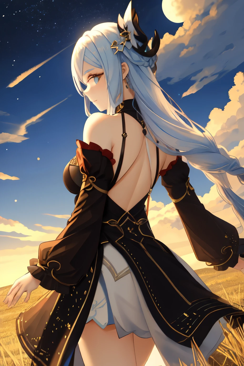 shenhe\(frostflower dew\), shenhe \(genshin impact\), 1girl, solo, long hair, sky, breasts, looking at viewer, night sky, night, detached sleeves, jewelry, earrings, star \(sky\), starry sky, headwear, large breasts, braid, backless outfit, long sleeves, grey hair, smile, from behind, looking back, hair bun