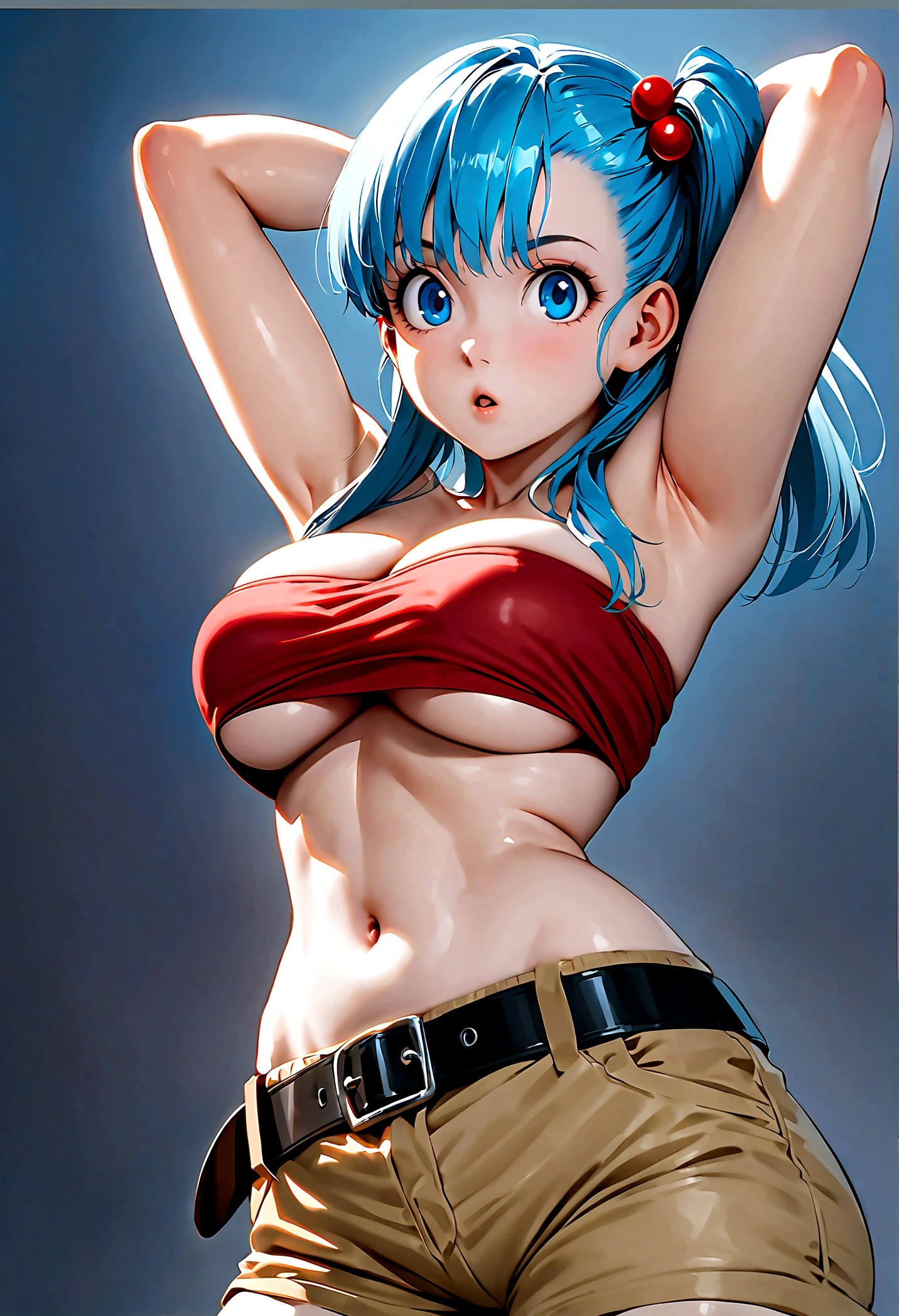  score_9, score_8_up, score_7_up, BREAK from front, ,macro angle,1girl,bulma, blue eyes, blue hair,bare shoulders, belt, cleavage, hair bobbles, hair ornament, hair over shoulder, ,large breasts,midriff, navel, one side up, red tube top, shorts, side ponytail, (strapless, tube top,under_boob:1.2),(arms up,arms up behind,contrapost,standing),(best quality)),(aesthetic,very aesthetic),(beautifulbody),realistic:0.4 ,anime,highly detailed,sharp focus,depth of field,),anime style,studio anime,sharp focus,depth of field,vibrant colors,
