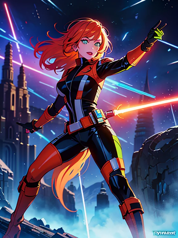 Mara Jade from Star Wars, science fiction, Star Wars based setting, long orange hair, bright green eyes, light-skinned with freckles, red lipstick, She's wearing a tight shiny black leather suit, gloves, silver utility belt and high-heel boots. She's holding a purple lightsaber. Dynamic poses, whitebackground, Character concept, character art, Character portrait
