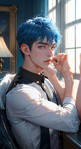 ((4K Works))、masterpiece、(highest quality)、One Beautiful Fall Angel Boy、The body is slim、expensive、((Attractive British style))、(Beautiful eyes in every detail)、((Midnight))、In the British room、The castle where the bad guys live、Black shop window、Night room、((You can see the starry sky from the window))、((Dark Sky))、((British Room))、((In the British room撮影))、Midnight、((Short light blue hair))、((Makes your face smaller))、((White eyes))、((American adult male))、((Adult male, 26 years old))、((Cool guy))、((Like a celebrity))、((Angry expression))、((Korean Makeup))、((elongated and sharp eyes))、((Happy Date))、((boyish))、((Upper body photo shoot))、Professional photos、((Shot alone))、((Photographed from diagonally in front))、((Shot close to him))、((Focus Zoom In))、((Fall Angel))、Photos of fallen angels