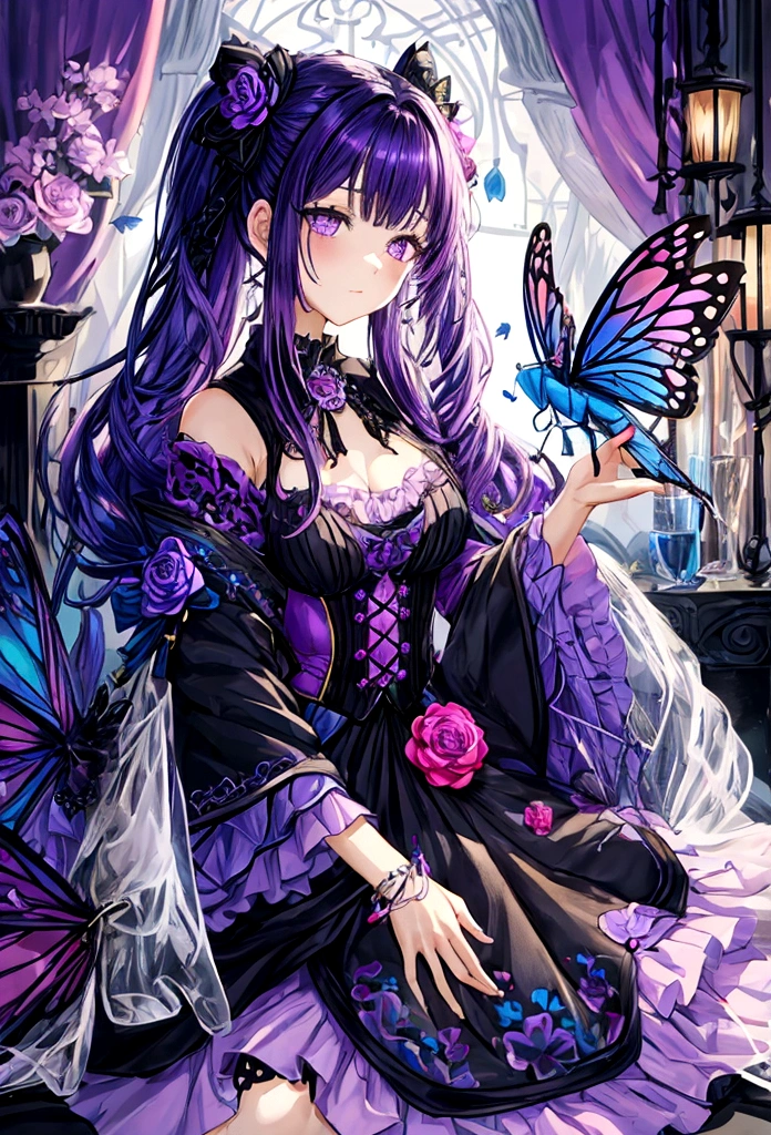 One with long black hair and purple tips, purples eyes, a stunning purple dress and several butterflies around it
