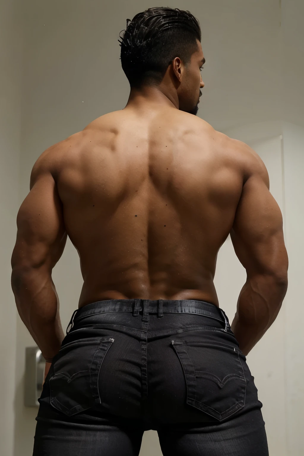 jogador de futebol, homem negro, very handsome, cabelos brancos, muscular, full body, black jeans (((backside))) bent over
