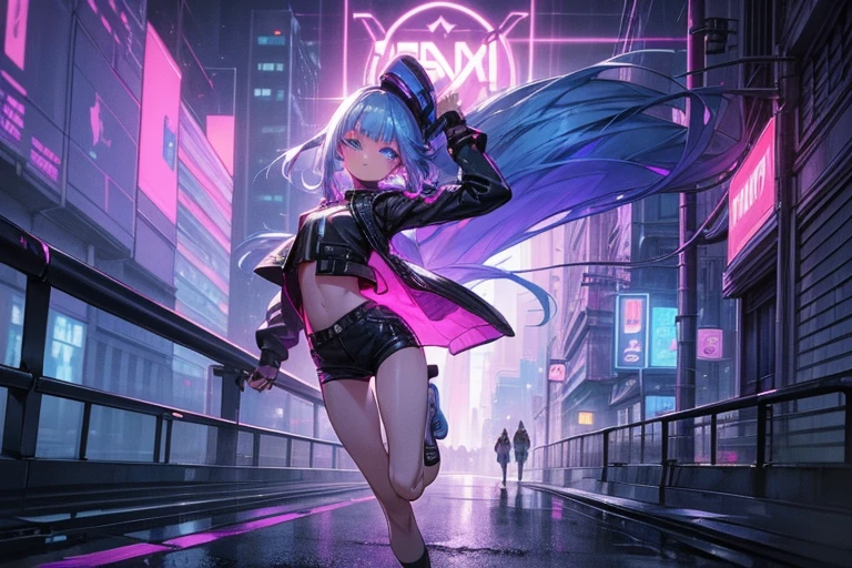 (masterpiece,best quality,8k,ultra-detailed:1.3), (landscape photography:1.5),(((a tall slim girl is jumping on the wide street in city))), (extreme long shot:1.6),((((((perfect face,perfect eyes)))))),anime style,street style clothing,shorts,sneakers,cap,BREAK cyber punk and futuristic city,neon sign,((detailed beautiful background)),midium hair,silber hair,porple eyes,His eyes are shining