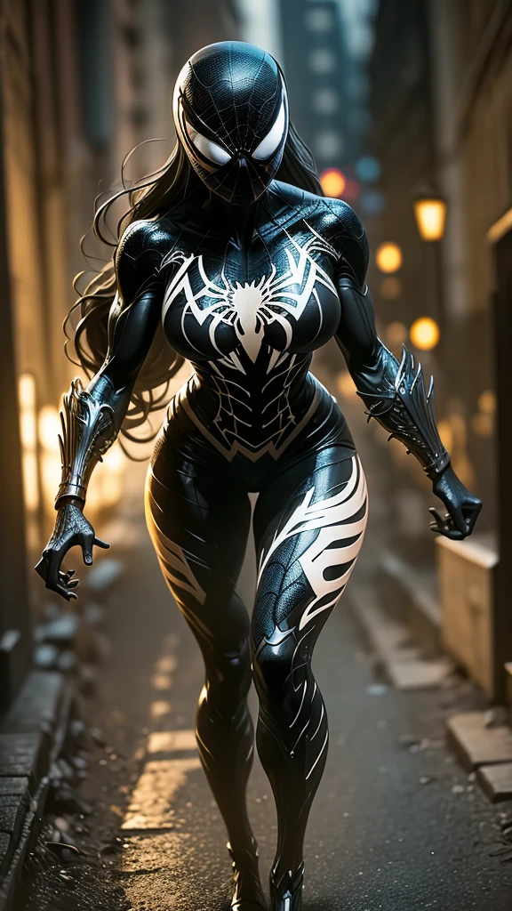 in a swirling liquid void, photorealistic sexy female venom marvel comics symbiote flowing liquid latex black alien goo,sleek feminine body, iconic sultry action standing pose ready for action, giger,