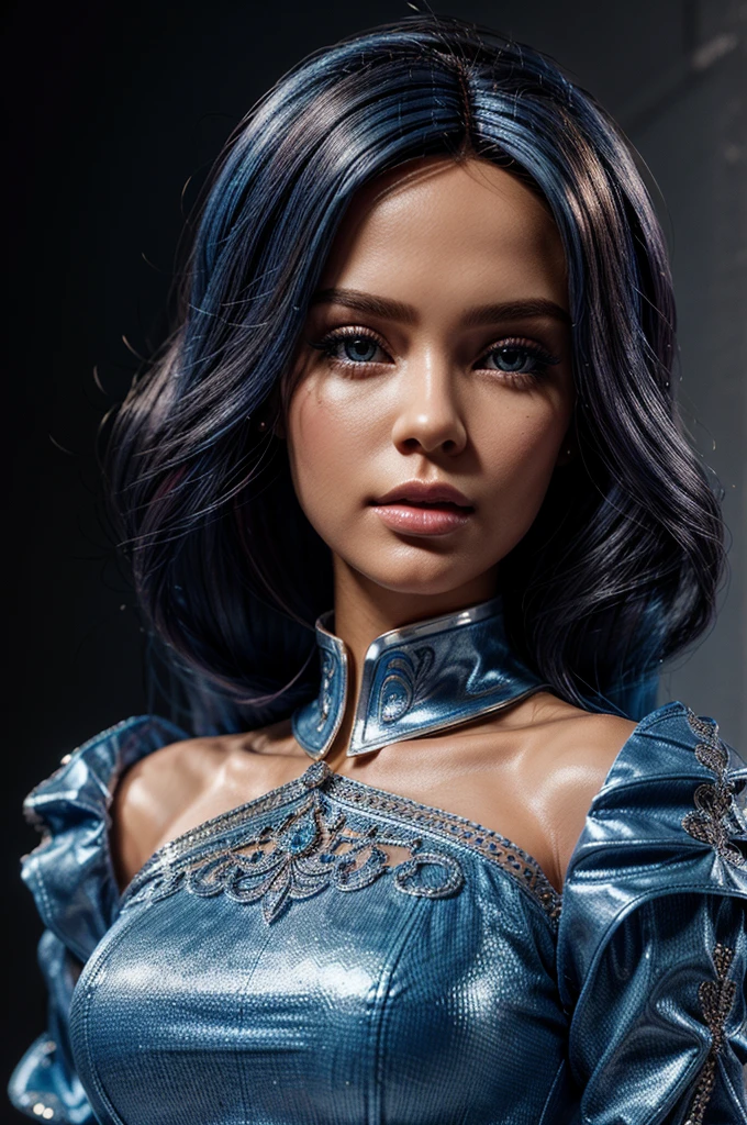 a beautiful detailed blue barbie doll,extremely detailed facial features,perfect skin,elegant pose,intricate clothing details,glossy shiny hair,high fashion,studio lighting,photorealistic,8k,best quality,masterpiece