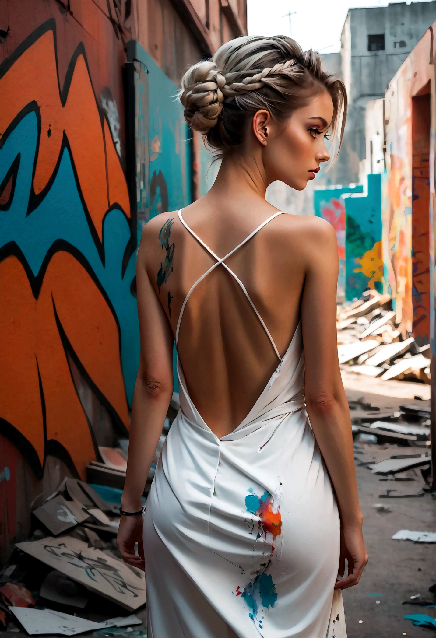 22 year old girl, (Back View),torn, ripped, White Dress, street,Elegant chignon,apocalyptic wasteland, graffiti-covered wall, looking cool and urban in a street style pose.