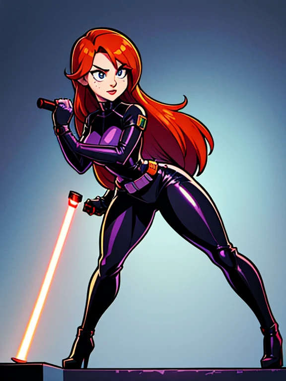 (best quality,8k:1.2,high resolution:1.2), (best quality:1.3),masterpiece, best quality, high res, detailed, (Detailed face:1.2), (Detailed eyes:1.2), (Perfect figure:1.2), CARTOON, ANIME, CARTOON ARTSTYLE, Mara Jade from Star Wars, science fiction, Star Wars based setting, long orange hair, bright green eyes, light-skinned with freckles, red lipstick. She's wearing a tight shiny black leather suit, gloves, silver utility belt and high-heel boots. She's holding a purple lightsaber. Dynamic poses, whitebackground, Character concept, character art, Character portrait