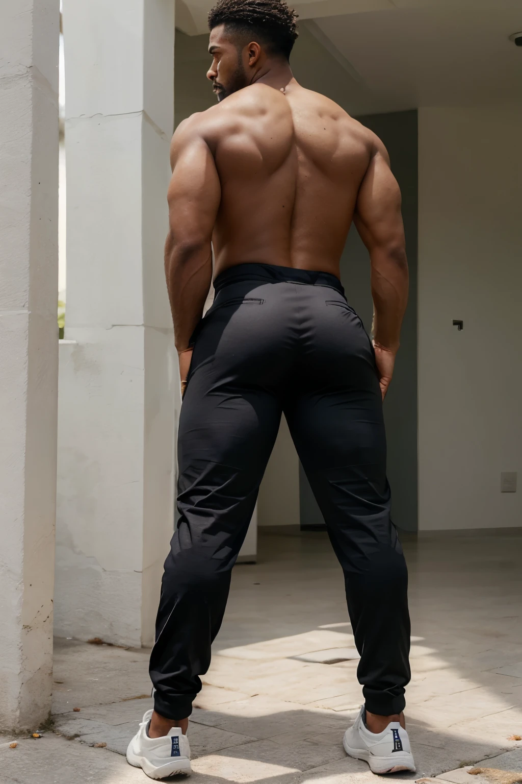 jogador de futebol, homem negro, very handsome, cabelos brancos, muscular, full body, formal gray trousers (((backside))) (((Big butt)))