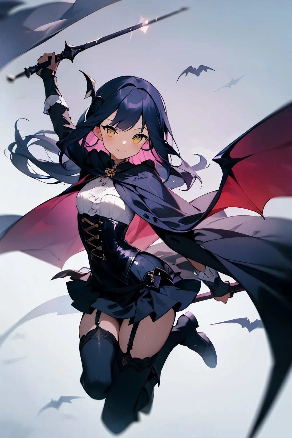 Cool cute、cool、、Western、Fantasy clothes、Long Hair、Gray Hair、Purple Hair、Black clothes、Put the dagger in the garter、front、I'm looking here、corset、Cape、boots、fishtail skirt、In a gothic dark house、Blue Moon、Get closer to the people、1 person purple、yellow、Yellow and purple eyes、 Baggy、Cute face、 cool、Small breasts