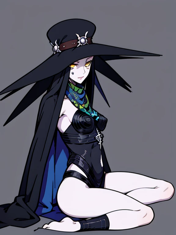 Masterpiece, best quality, Scathach, solo, female1, shin megami tensei, cape hat, black and blue cape, flower tattoo, gloves, white skin, (yellow eyes 1.1), flowing, sitting, shirt, smile, park