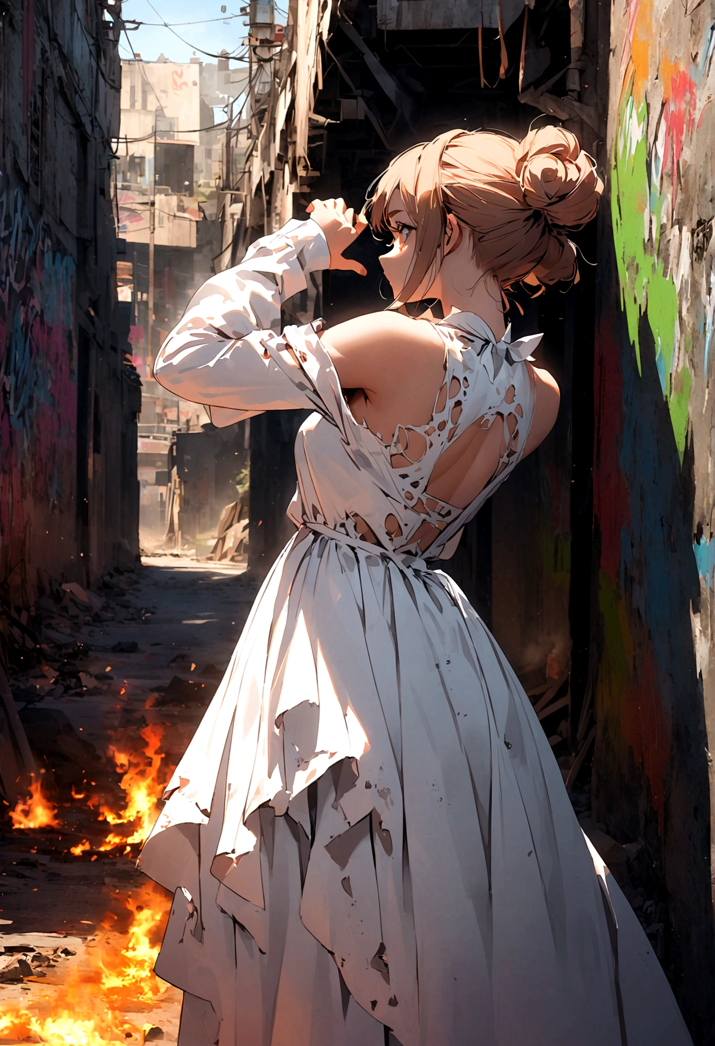 22 year old girl, (Back View),torn, ripped, White Dress, street,Elegant chignon,apocalyptic wasteland, graffiti-covered wall, looking cool and urban in a street style pose.