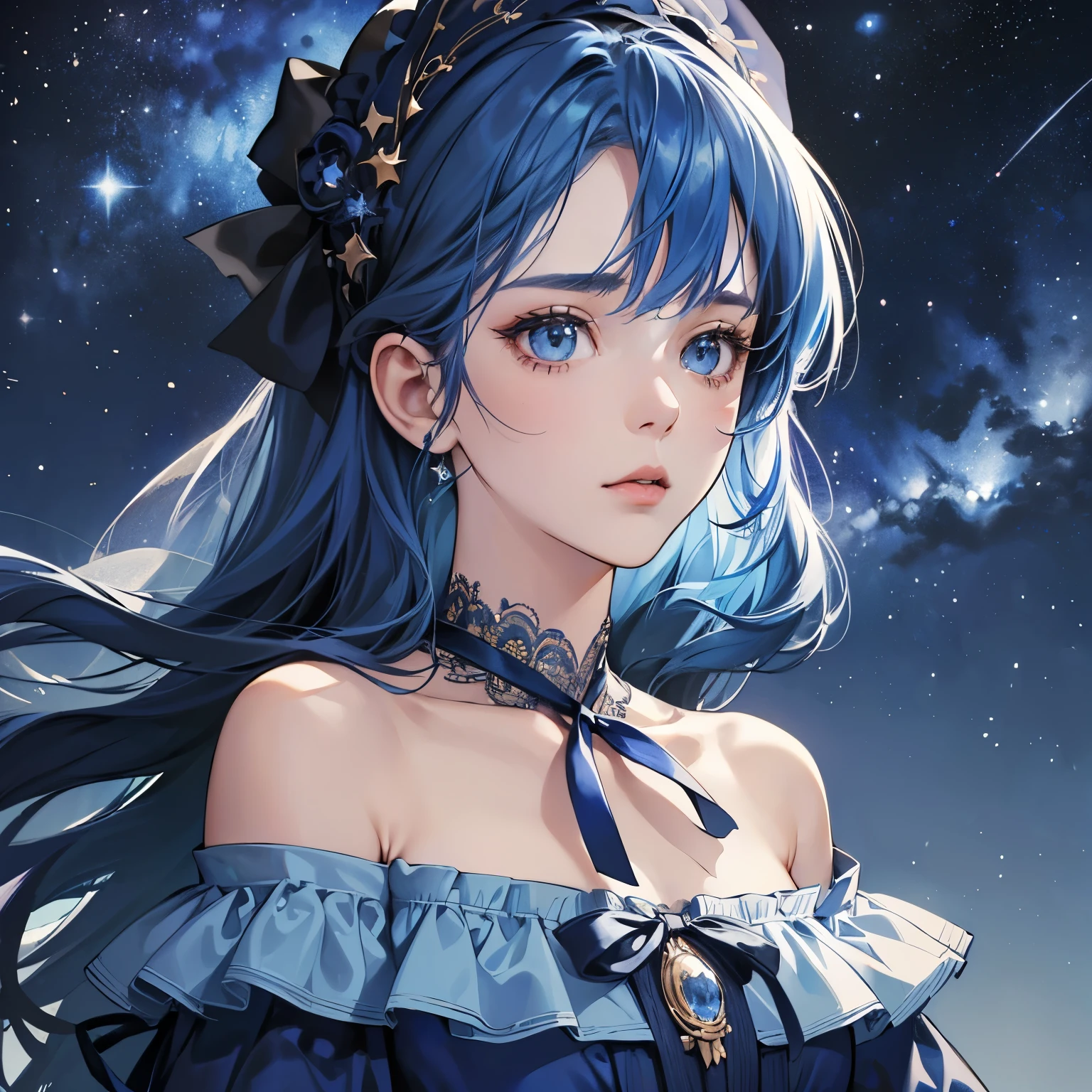 Absurd resolution, high resolution, (masterpiece: 1.4), super detailed, (((detailed face, detailed expression)), a girl with beautiful blue hair, with ribbon in the middle, off shoulder navy blue dress, background is Starry night