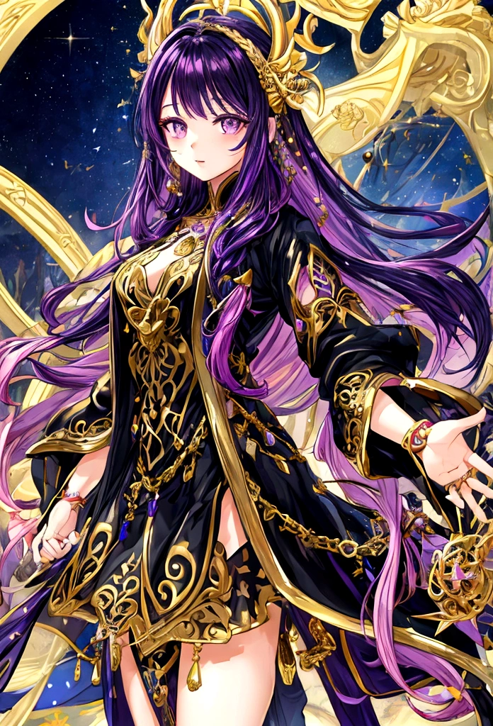 fantasy world girl with colorful hair, accessories golden, detailed clothes, black and purple clothes 