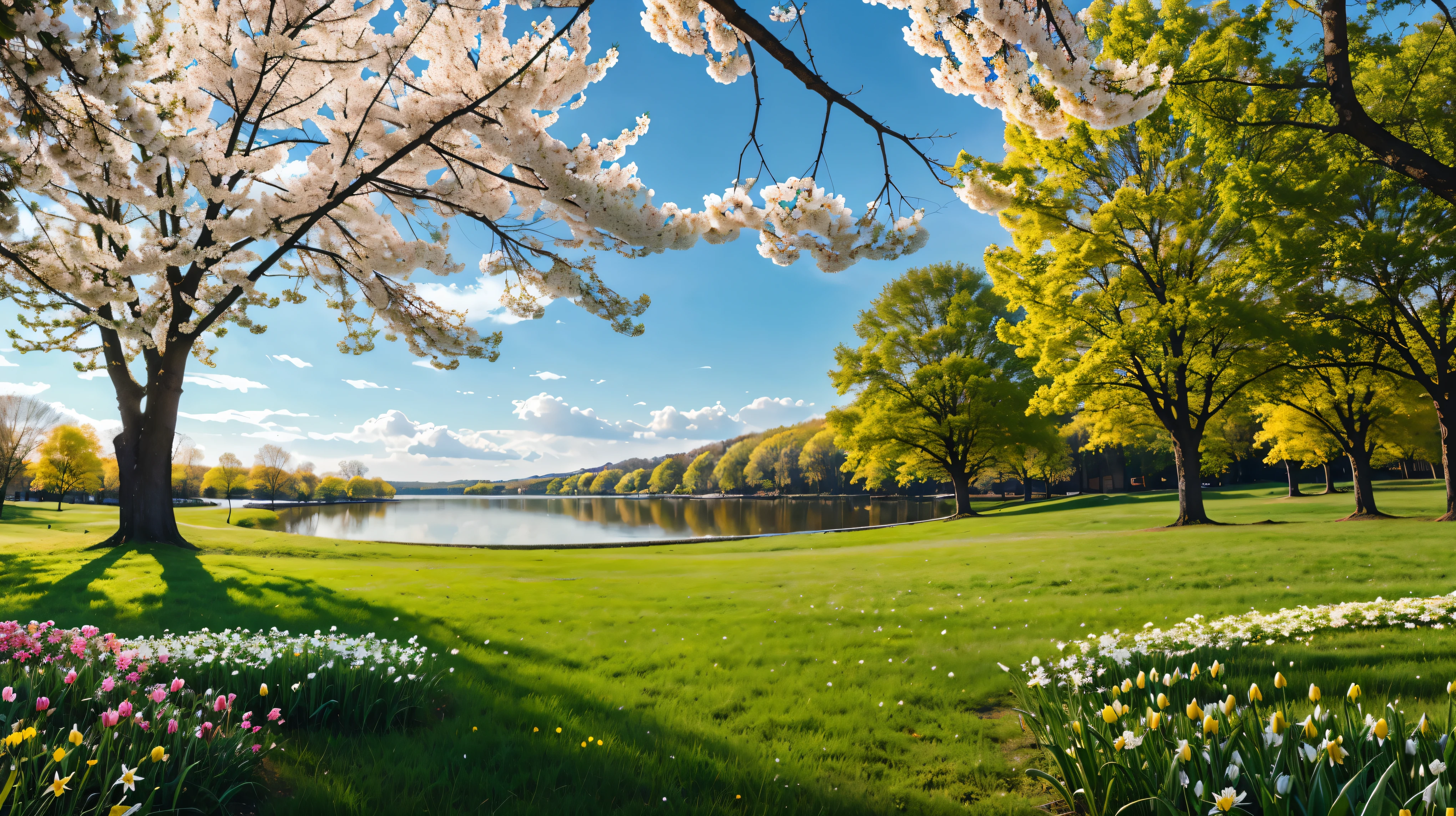 Generate an image of a serene seasonal nature scene. For spring, include blooming flowers, green grass, and a clear blue sky. The composition should be vibrant and peaceful, capturing the essence of the season