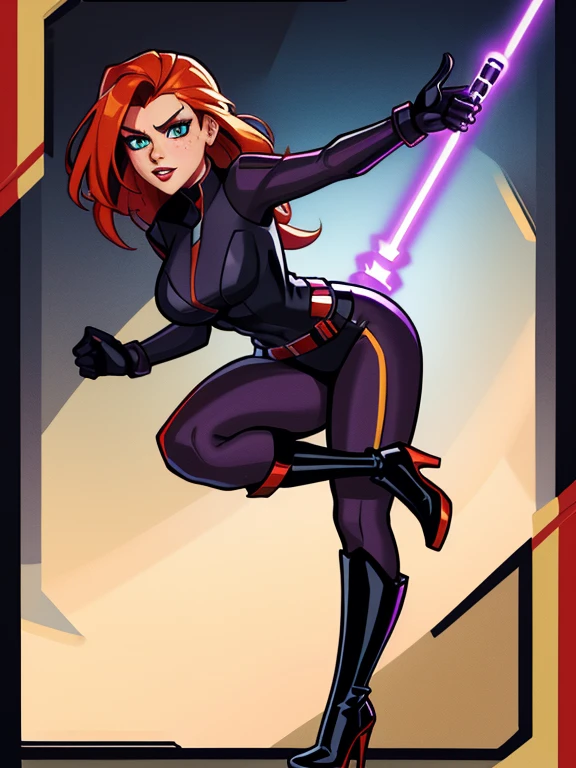 (best quality,8k:1.2,high resolution:1.2), (best quality:1.3),masterpiece, best quality, high res, detailed, (Detailed face:1.2), (Detailed eyes:1.2), (Perfect figure:1.2), CARTOON, ANIME, CARTOON ARTSTYLE, Mara Jade from Star Wars, science fiction, Star Wars based setting, long orange hair, bright green eyes, light-skinned with freckles, red lipstick. She's wearing a tight shiny black leather suit, gloves, silver utility belt and high-heel boots. She's holding a purple lightsaber. Dynamic poses, whitebackground, Character concept, character art, Character portrait