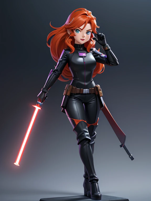 (best quality,8k:1.2,high resolution:1.2), (best quality:1.3),masterpiece, best quality, high res, detailed, (Detailed face:1.2), (Detailed eyes:1.2), (Perfect figure:1.2), CARTOON, ANIME, CARTOON ARTSTYLE, Mara Jade from Star Wars, science fiction, Star Wars based setting, long orange hair, bright green eyes, light-skinned with freckles, red lipstick. She's wearing a tight shiny black leather suit, gloves, silver utility belt and high-heel boots. She's holding a purple lightsaber. Dynamic poses, whitebackground, Character concept, character art, Character portrait