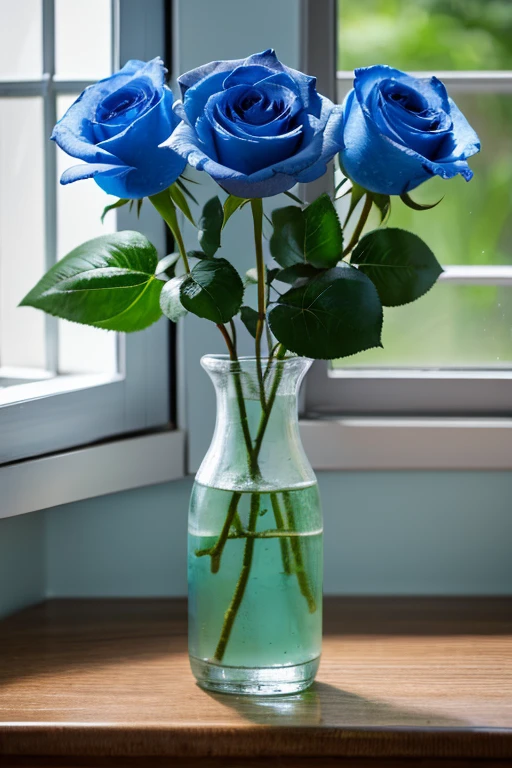 3 large blue roses,By the window,Nature PhotographyHD 8k. Shot with canon eos r6.