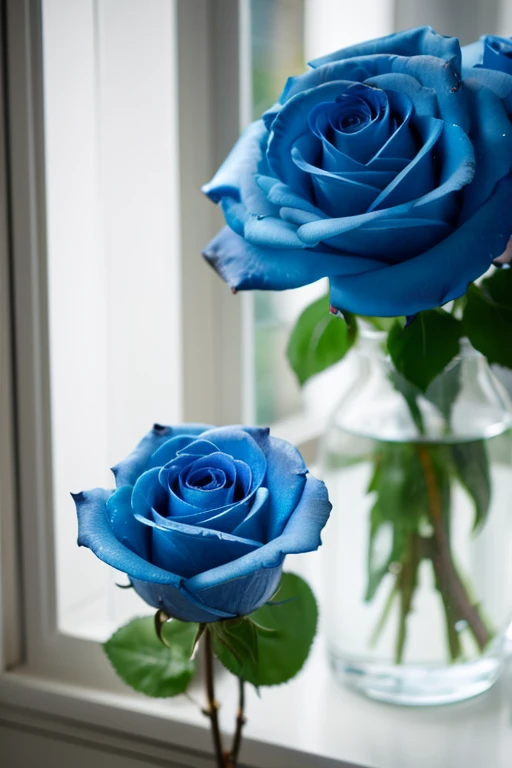 3 large blue roses,By the window,Nature PhotographyHD 8k. Shot with canon eos r6.