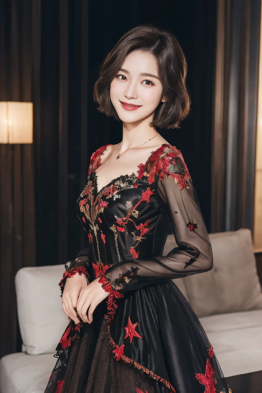Best quality, high resolution, masterpiece: 1.3), a tall and beautiful woman, (dark brown short hair: 1.2), wearing pendant, pouf dress, black and red wedding dress fashion dress design "haute couture" fairy charming fantasy fantastic theme black embroidery with some ruby red details embroidered frills, red and black, layers. Dark mode of layers, layers, layers, evil, stars, moon, fog and wind, without any pose, standing (background is in the living room at home), beautifully presented details in face and skin texture, detailed eyes, double eyelids, smiling
