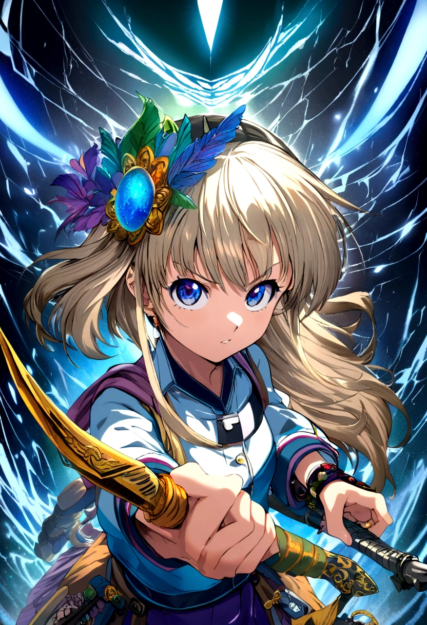 girl from a shonen anime, creative design(y2k style) (face accesories) (creative outfit) weapon