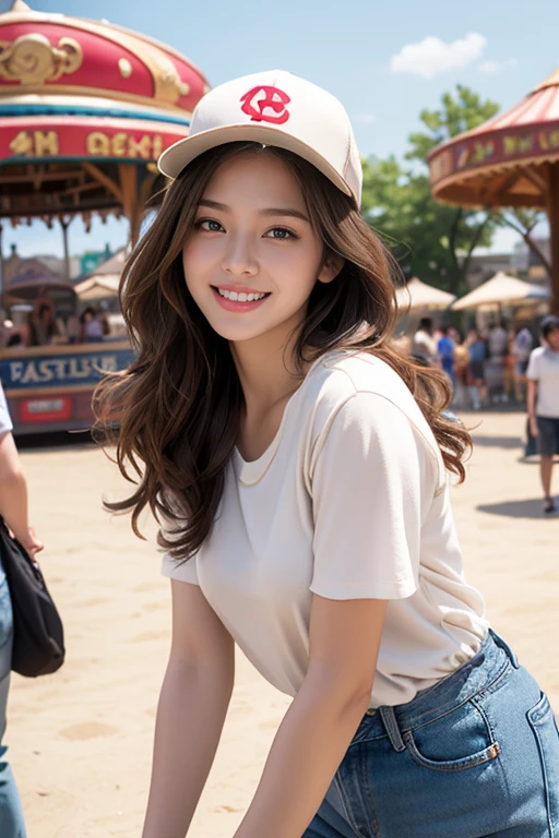 highest quality、4K、Perfect Face、Perfect Style、perfect body、Sunburn、beautiful lady、mature、long curly layer brown hair、Swept-back hair、full body, sexy 、charming、healthy、beige  baseball cap with a curved、giddy-smile、jeans、stripe shirt、at amusement park、
