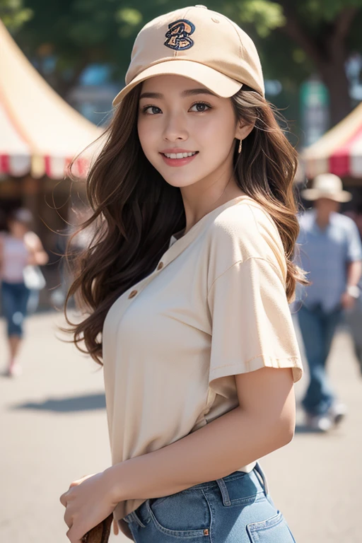 highest quality、4K、Perfect Face、Perfect Style、perfect body、Sunburn、beautiful lady、mature、long curly layer brown hair、Swept-back hair、full body, sexy 、charming、healthy、beige baseball cap with a curved、giddy-smile、jeans、stripe shirt、at amusement park、