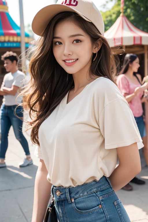 highest quality、4K、Perfect Face、Perfect Style、perfect body、Sunburn、beautiful lady、mature、long curly layer brown hair、Swept-back hair、full body, sexy 、charming、healthy、beige baseball cap with a curved、giddy-smile、jeans、stripe shirt、at amusement park、