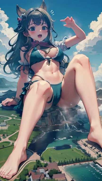 gts, wariza,1girl, color frilled string bikini :1.4,large breasts, giantess, day, mountain:1.3, continent, little city ,tiny buildings,open mouth,:D,looming,aerial view,full body
,oppai :2.2,kawaii:1.5
