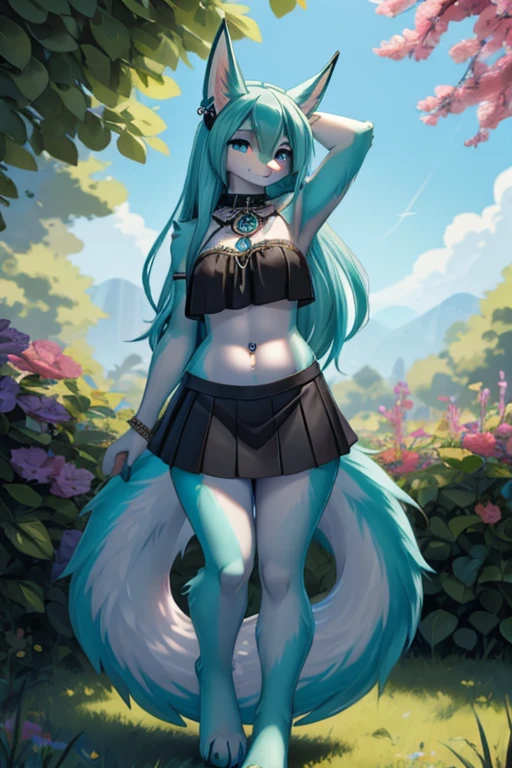 Chica anime, anime style, cute hatsune miku x suicune, shy girl , Orejas de Kitsune, arte de dark natasha, garden landscape, arte de vixen aztra, cuerpo completo, patas hermosas, cintura delgada, caderas amplias, piernas torneadas, hermosa, foto de cuerpo completo, sensual navel blouse, black skirt, navel piercing, ear piercing, navel tattoo, shy pose, back pose, hands up, black body, beatifull and detailed hands, in lagoon