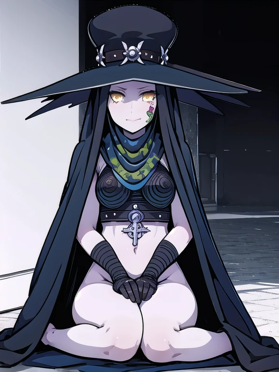 Masterpiece, best quality, Scathach, solo, female1, shin megami tensei, cape hat, black and blue cape, flower tattoo, gloves, white skin, (yellow eyes 1.1), flowing, sitting, shirt, smile, park
