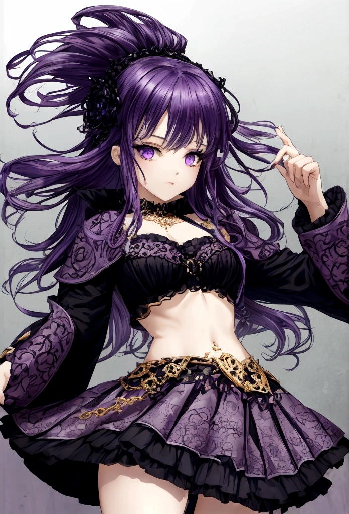 masterpiece, best quality, 1woman adult, older milf, solo, highlight violet black hair, vibrant aqua eyes (left), vibrant red eyes (right), medium hair with fringe, looking at viewer, cape, High quality metal texture, closed mouth, full body view, bangs, high collar,(kbxll:0.6), Fantasy aesthetics, fantasy earring, Highly detailed, thicc body, gigantic breasts, large areola, hard nipple, smirking facial, top view, revealing enormous thick pubic hair