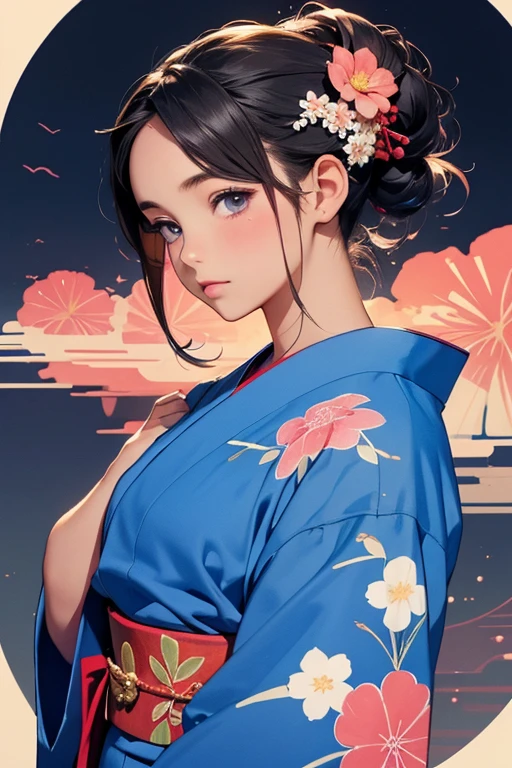 Anime girl in blue yukata with flowers in her hair, In yukata, Japanese art style, Beautiful anime portraits, Painted in an anime artist&#39;s studio, Digital anime illustration, Anime style portrait, ,Anime-style illustrations, Anime Style 4k、watercolor、whole body、smile